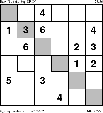 The grouppuzzles.com Easy Sudoku-6up-UR-D puzzle for Saturday September 27, 2025
