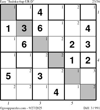 The grouppuzzles.com Easy Sudoku-6up-UR-D puzzle for Saturday September 27, 2025 with all 3 steps marked