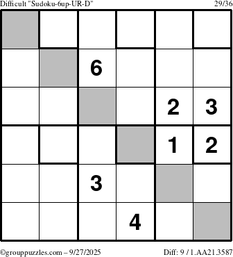 The grouppuzzles.com Difficult Sudoku-6up-UR-D puzzle for Saturday September 27, 2025