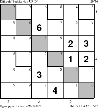 The grouppuzzles.com Difficult Sudoku-6up-UR-D puzzle for Saturday September 27, 2025 with all 9 steps marked
