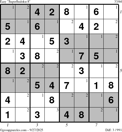 The grouppuzzles.com Easy SuperSudoku-8 puzzle for Saturday September 27, 2025 with all 3 steps marked