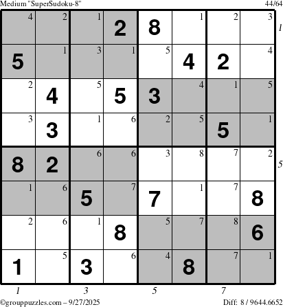 The grouppuzzles.com Medium SuperSudoku-8 puzzle for Saturday September 27, 2025 with all 8 steps marked
