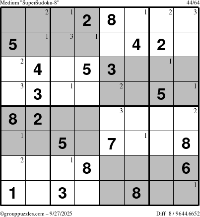 The grouppuzzles.com Medium SuperSudoku-8 puzzle for Saturday September 27, 2025 with the first 3 steps marked