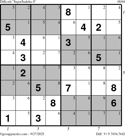 The grouppuzzles.com Difficult SuperSudoku-8 puzzle for Saturday September 27, 2025 with all 9 steps marked