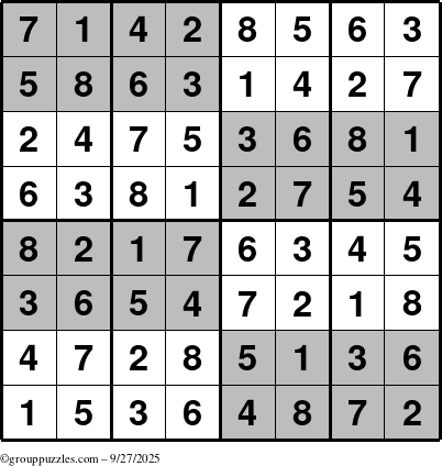 The grouppuzzles.com Answer grid for the SuperSudoku-8 puzzle for Saturday September 27, 2025