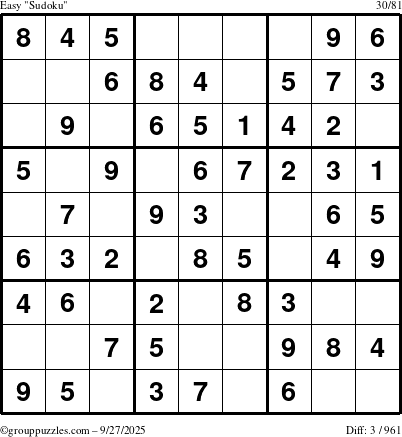 The grouppuzzles.com Easy Sudoku puzzle for Saturday September 27, 2025