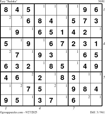The grouppuzzles.com Easy Sudoku puzzle for Saturday September 27, 2025 with all 3 steps marked