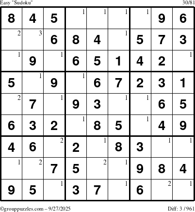 The grouppuzzles.com Easy Sudoku puzzle for Saturday September 27, 2025 with the first 3 steps marked