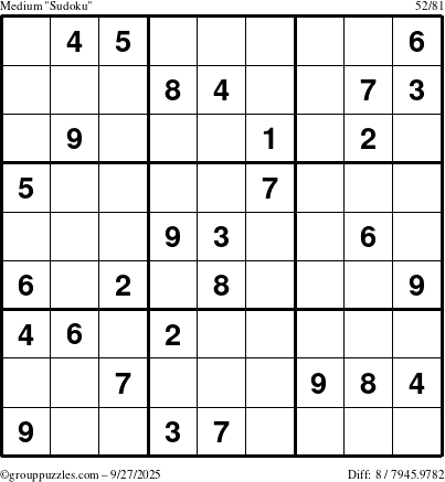 The grouppuzzles.com Medium Sudoku puzzle for Saturday September 27, 2025
