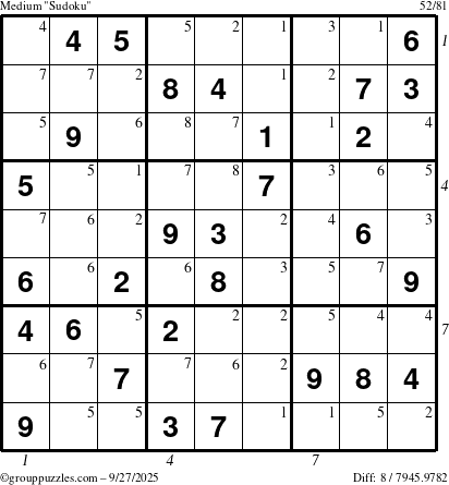 The grouppuzzles.com Medium Sudoku puzzle for Saturday September 27, 2025 with all 8 steps marked