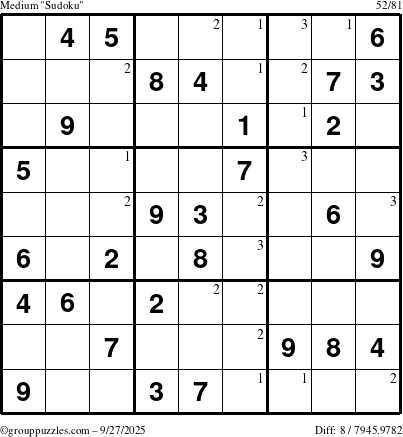 The grouppuzzles.com Medium Sudoku puzzle for Saturday September 27, 2025 with the first 3 steps marked
