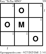 The grouppuzzles.com Easy TicTac-MNO puzzle for Saturday September 27, 2025 with all 2 steps marked
