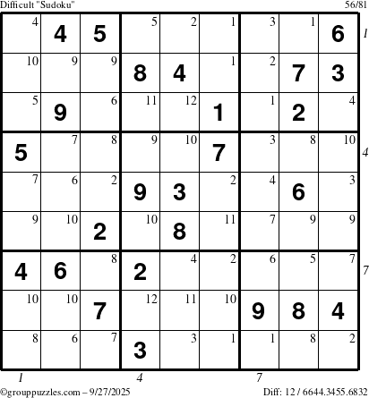 The grouppuzzles.com Difficult Sudoku puzzle for Saturday September 27, 2025, suitable for printing, with all 12 steps marked