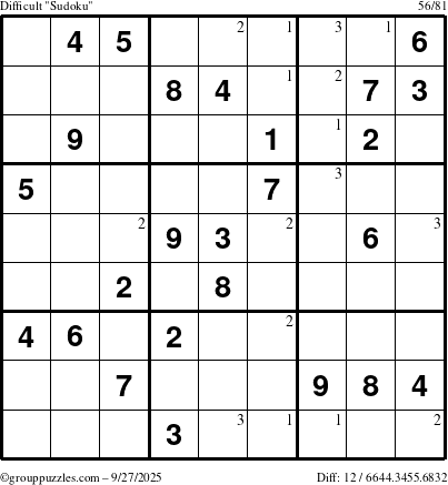 The grouppuzzles.com Difficult Sudoku puzzle for Saturday September 27, 2025 with the first 3 steps marked