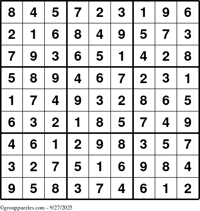 The grouppuzzles.com Answer grid for the Sudoku puzzle for Saturday September 27, 2025