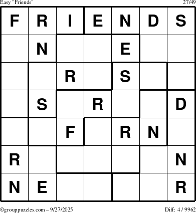The grouppuzzles.com Easy Friends puzzle for Saturday September 27, 2025
