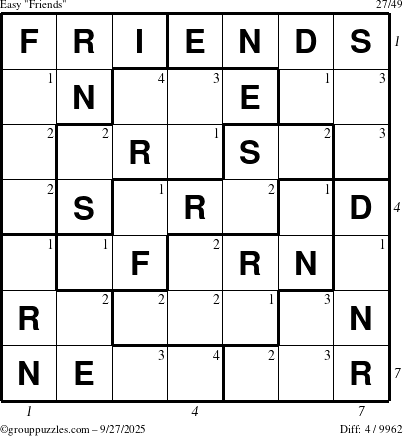 The grouppuzzles.com Easy Friends puzzle for Saturday September 27, 2025 with all 4 steps marked
