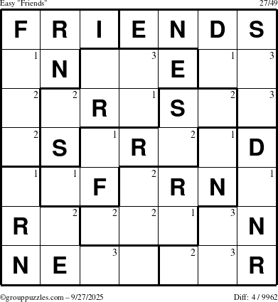 The grouppuzzles.com Easy Friends puzzle for Saturday September 27, 2025 with the first 3 steps marked