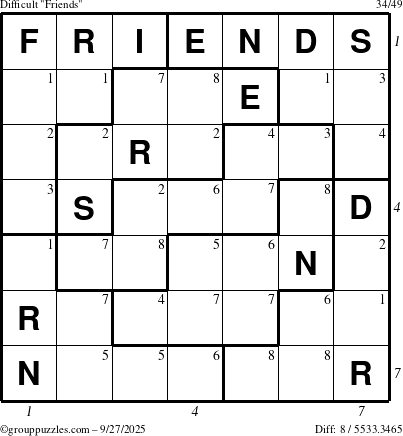 The grouppuzzles.com Difficult Friends puzzle for Saturday September 27, 2025, suitable for printing, with all 8 steps marked
