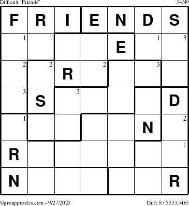 The grouppuzzles.com Difficult Friends puzzle for Saturday September 27, 2025 with the first 3 steps marked