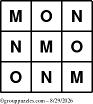 The grouppuzzles.com Answer grid for the TicTac-MNO puzzle for Saturday August 29, 2026