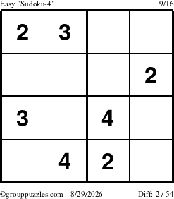 The grouppuzzles.com Easy Sudoku-4 puzzle for Saturday August 29, 2026