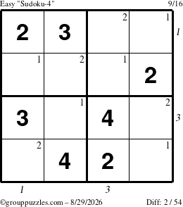 The grouppuzzles.com Easy Sudoku-4 puzzle for Saturday August 29, 2026 with all 2 steps marked