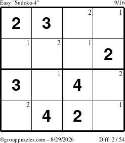 The grouppuzzles.com Easy Sudoku-4 puzzle for Saturday August 29, 2026 with the first 2 steps marked