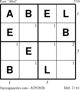 The grouppuzzles.com Easy Abel puzzle for Saturday August 29, 2026 with all 2 steps marked