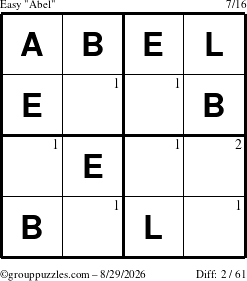 The grouppuzzles.com Easy Abel puzzle for Saturday August 29, 2026 with the first 2 steps marked