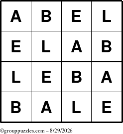 The grouppuzzles.com Answer grid for the Abel puzzle for Saturday August 29, 2026