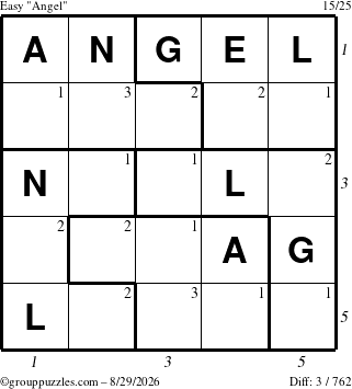 The grouppuzzles.com Easy Angel puzzle for Saturday August 29, 2026 with all 3 steps marked