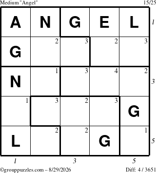 The grouppuzzles.com Medium Angel puzzle for Saturday August 29, 2026 with all 4 steps marked