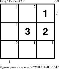 The grouppuzzles.com Easy TicTac-123 puzzle for Saturday August 29, 2026, suitable for printing, with all 2 steps marked