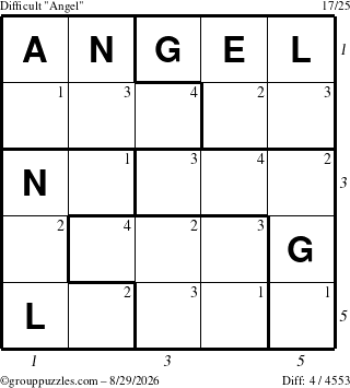 The grouppuzzles.com Difficult Angel puzzle for Saturday August 29, 2026, suitable for printing, with all 4 steps marked