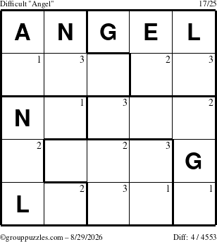 The grouppuzzles.com Difficult Angel puzzle for Saturday August 29, 2026 with the first 3 steps marked