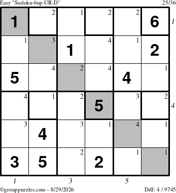 The grouppuzzles.com Easy Sudoku-6up-UR-D puzzle for Saturday August 29, 2026 with all 4 steps marked