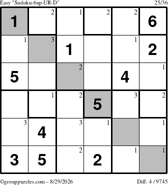 The grouppuzzles.com Easy Sudoku-6up-UR-D puzzle for Saturday August 29, 2026 with the first 3 steps marked