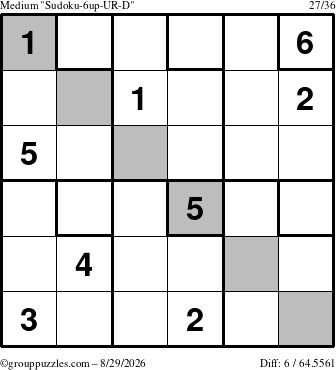 The grouppuzzles.com Medium Sudoku-6up-UR-D puzzle for Saturday August 29, 2026