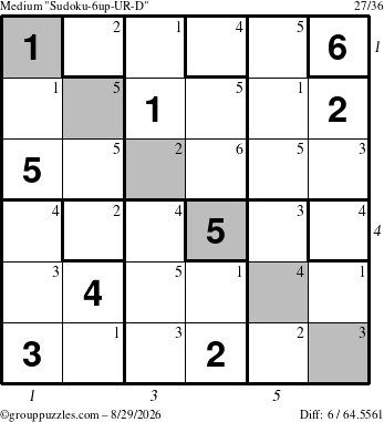 The grouppuzzles.com Medium Sudoku-6up-UR-D puzzle for Saturday August 29, 2026 with all 6 steps marked