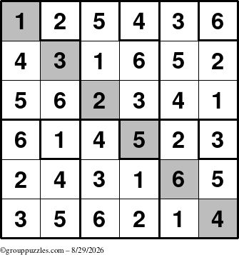 The grouppuzzles.com Answer grid for the Sudoku-6up-UR-D puzzle for Saturday August 29, 2026