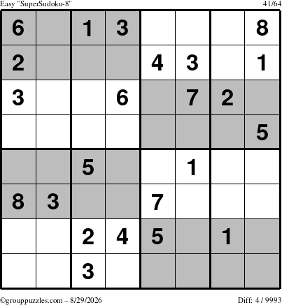 The grouppuzzles.com Easy SuperSudoku-8 puzzle for Saturday August 29, 2026