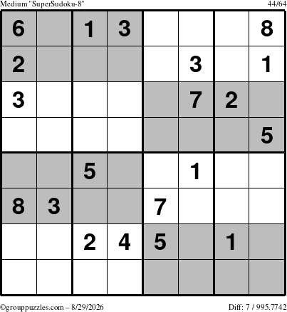 The grouppuzzles.com Medium SuperSudoku-8 puzzle for Saturday August 29, 2026