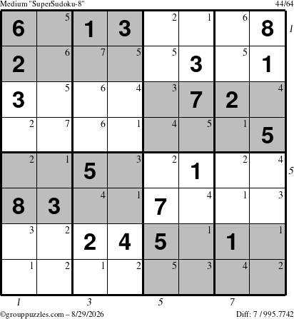 The grouppuzzles.com Medium SuperSudoku-8 puzzle for Saturday August 29, 2026, suitable for printing, with all 7 steps marked