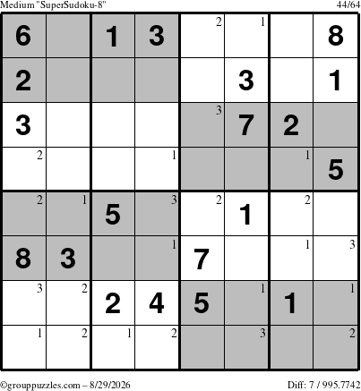 The grouppuzzles.com Medium SuperSudoku-8 puzzle for Saturday August 29, 2026 with the first 3 steps marked