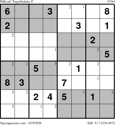 The grouppuzzles.com Difficult SuperSudoku-8 puzzle for Saturday August 29, 2026 with the first 3 steps marked