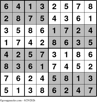 The grouppuzzles.com Answer grid for the SuperSudoku-8 puzzle for Saturday August 29, 2026