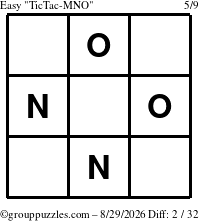The grouppuzzles.com Easy TicTac-MNO puzzle for Saturday August 29, 2026