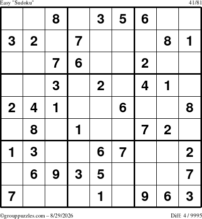 The grouppuzzles.com Easy Sudoku puzzle for Saturday August 29, 2026