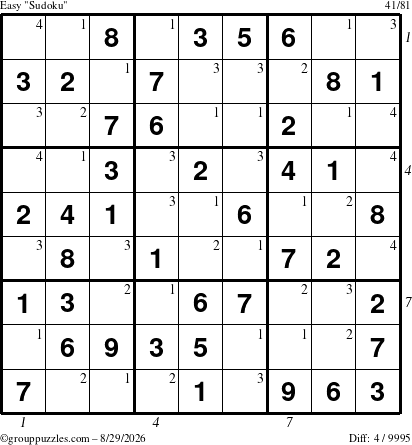 The grouppuzzles.com Easy Sudoku puzzle for Saturday August 29, 2026 with all 4 steps marked